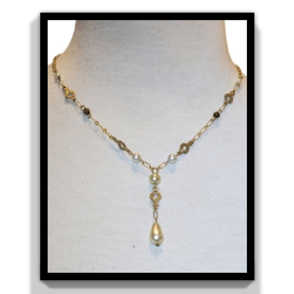 Brass & Faux Pearl Drop Vintage Necklace